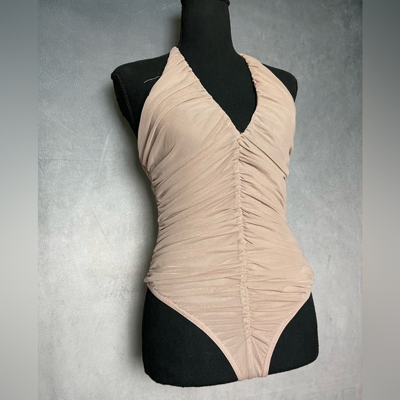 Blush pink mesh ruched halter top body suit size xs - Picture 2 of 7